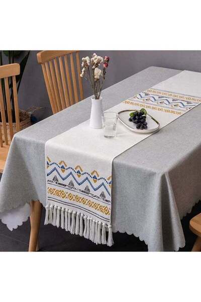 Generic Printed Cotton Woven Coffee Dining Table Runner Off White/Blue/Yellow 34x230cm