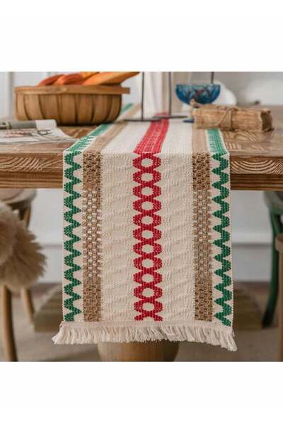Generic Excefore Creative Bohemian Ethnic Table Runner, Colorful Plaid Cotton Linen Braided Tassel Rectangu