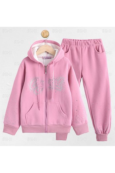 SETTY KOOP Set trening roz pentru fete cu strasuri strălucitoare - jachetă cu glugă și fermoar și pantaloni jogger