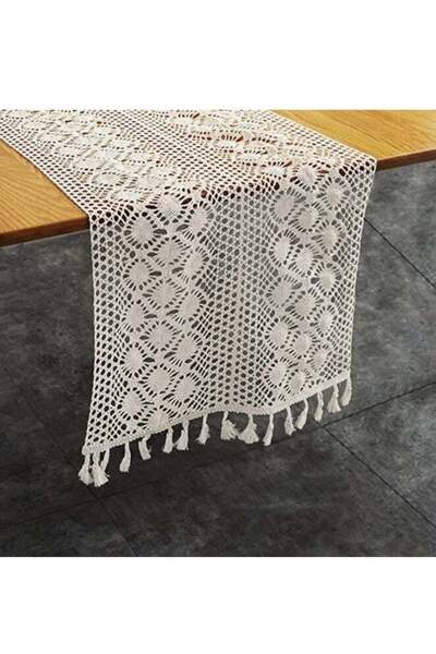 Generic SYOSI Vintage Farmhouse Style Crochet Macrame Table Runners Linen with Tassels, Boho Plain Cotton H