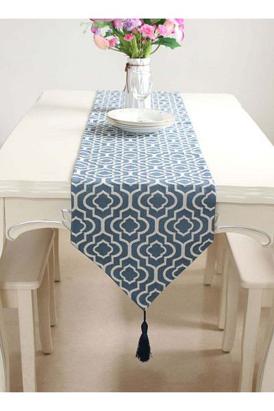 Generic Geometric Table Runner with Tassels, Blue and White Pattern, Modern Dining Room Decorï¼ˆ32X180CMï¼‰