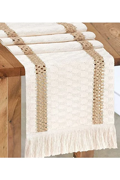 Generic Table Runner Cream Beige Boho With Tassels Hand Woven Cotton Home Linen Layout Fall Kitchen Dining