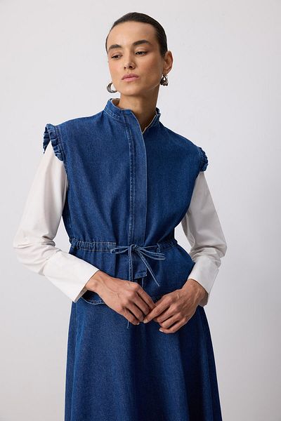 Touché Privé Denim Vest Skirt Suit with Tie Waist