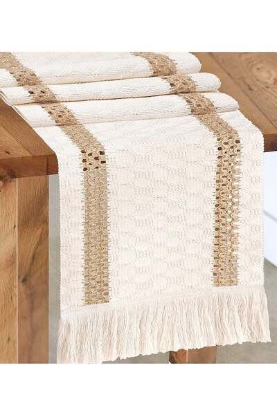 Generic Table Runner Cream Beige Boho With Tassels Hand Woven Cotton Home Linen Layout Fall Kitchen Dining