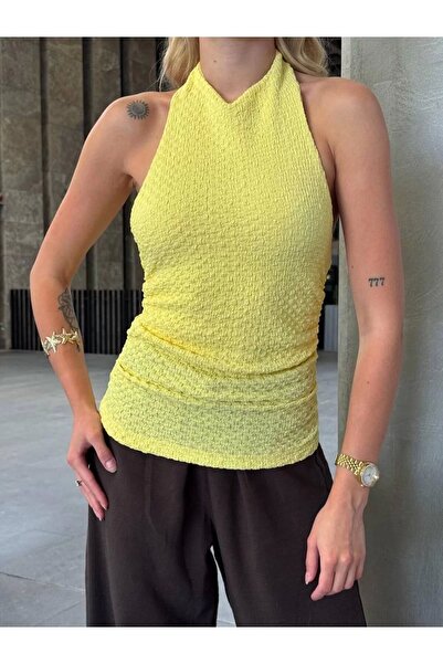 bysoca Bluză crop de vară, galbenă, cu gât cu șalț, fără spate, cu textura gofre