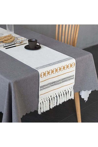Generic Printed Cotton Woven Coffee Dining Table Runner Off White/Black/Yellow 34x230cm