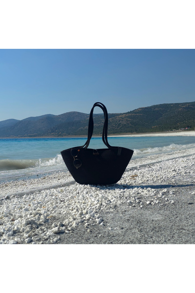LinaHouse Black Premium Knitted Cord Rope Beach Bag - Large Size, Large Volume, Daily Women's Shoulder Bag