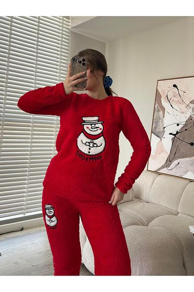 FERZOLAİO Snowman Embroidered Red Plush Pajama Set