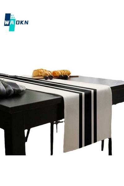 Generic WAOKN Geometric Striped Linen Table Runner 33*230CM, Modern Farmhouse Style Tablecloth, Black Strip