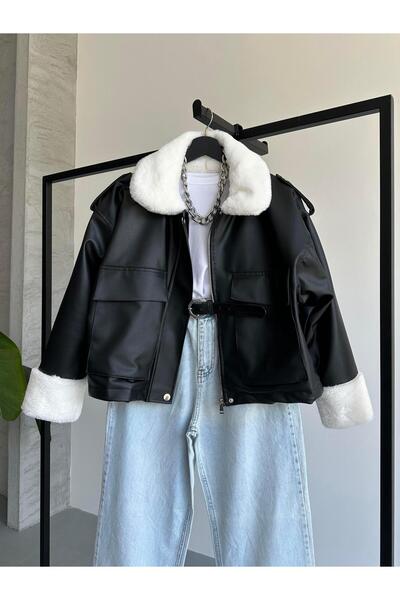 FERZOLAİO Black Leather Jacket with White Fur Collar and Bellows