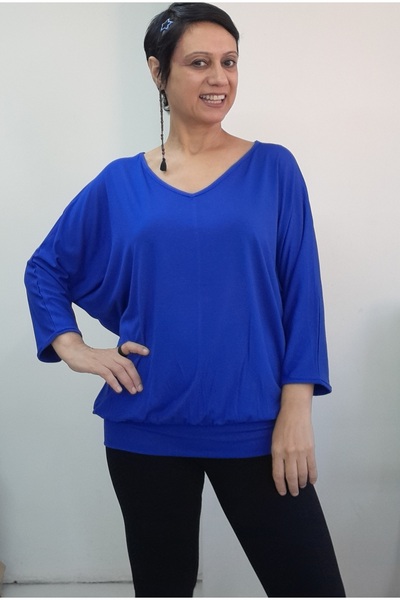 Mertcan Butik Civit Blue V-Neck Bat Three-Quarter Sleeve Combed Viscose T-Shirt