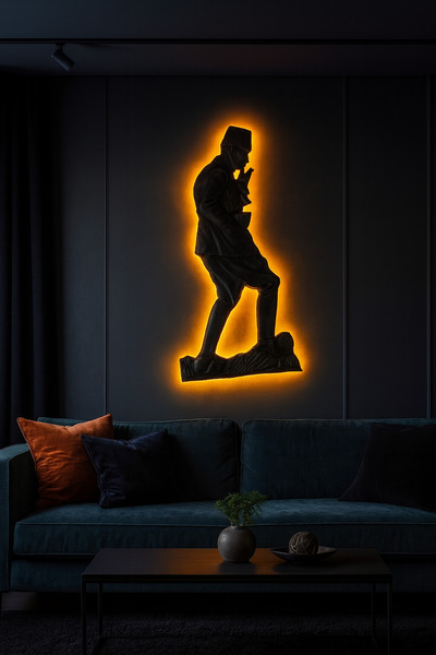 Ottoman center Modern Dekoratif Atatürk Rölyef Tablo | Amber LED Aydınlatmalı 107x45