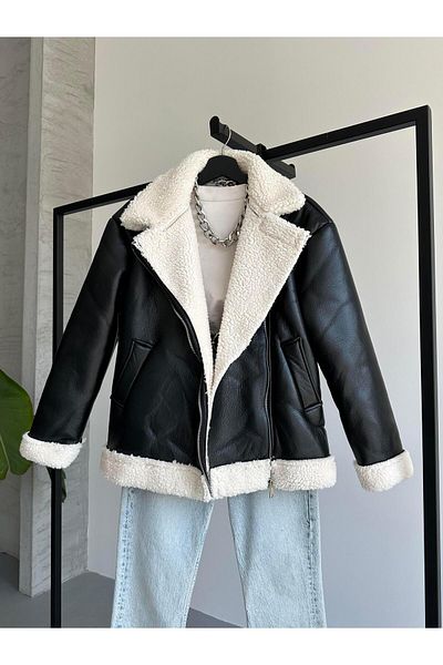 FERZOLAİO Double Breasted Collar Black Leather Jacket