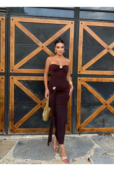 mekabutik Brown Strapless Designer Dress with Accessories