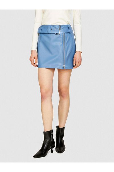 Sisley Women's Skirt 100% Viscose Mini Faux Leather Skirt with Belt and Zipper Detail 324P4Wbdl001X-Sis11W