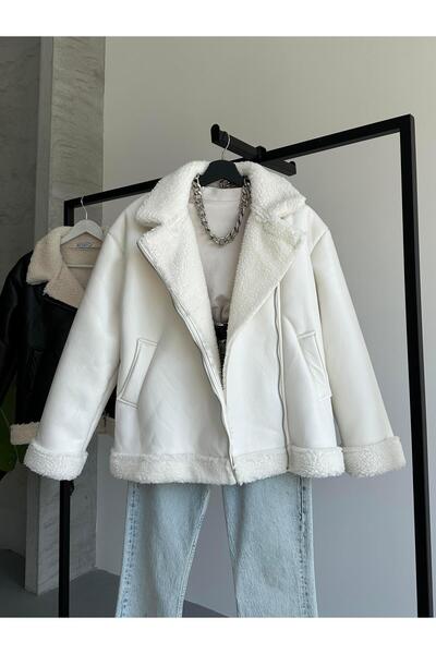 FERZOLAİO Double Breasted Collar White Leather Jacket