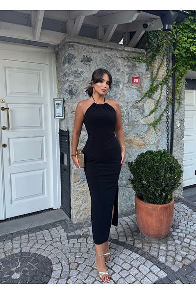 mekabutik Black Halter Neck Accessory Long Dress