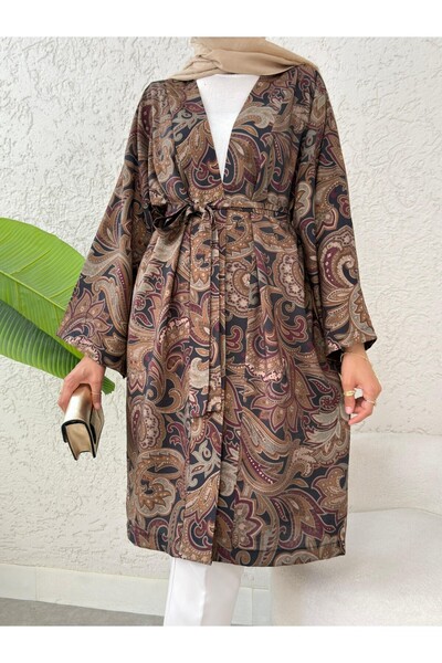 Modamorfo Ethnic Pattern Modal Kimono with Tie Waist - Khaki