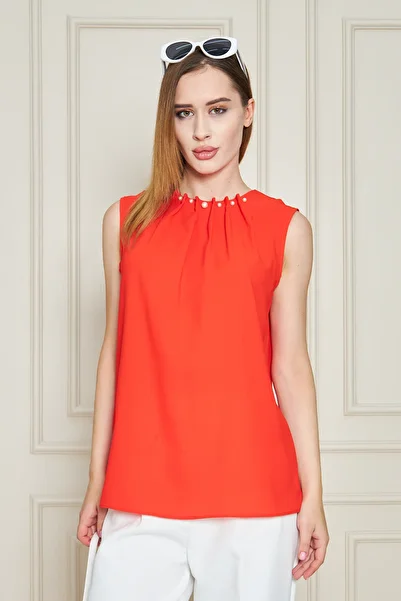 UNIQUE LADY Women's Pearl Detail Round Neck Sleeveless Blouse - Different Colors Available