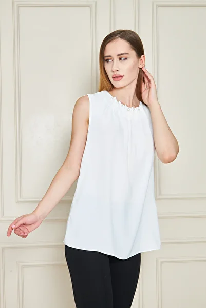 UNIQUE LADY Women's Pearl Detail Round Neck Sleeveless Blouse - Different Colors Available