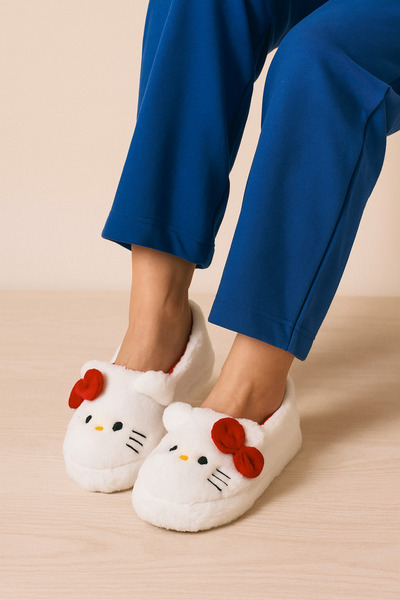 FootFrenzy Women's Hello Cartoon Patterned Ribbon Detailed Plush House Slippers