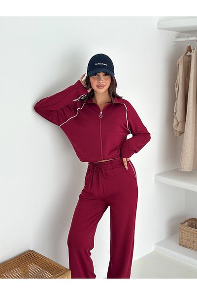 sportiness Wide Leg Modal Fabric Tracksuit Set with Piping Detail