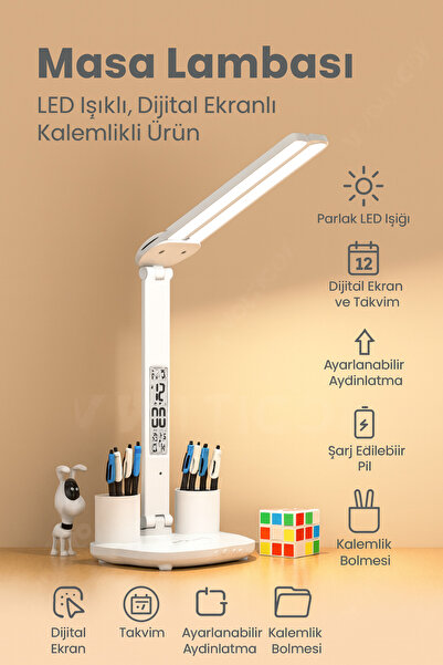 Voltico Çok Fonksiyonlu LED Masa Lambası – Dijital Saatli ve Kalemlik Bölmeli
