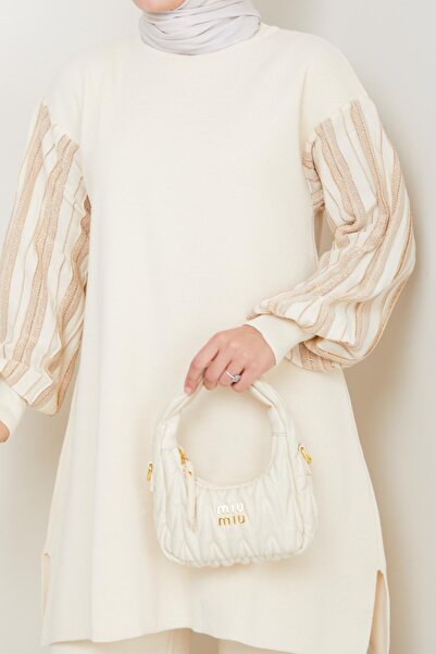 BisuModa Kolu Sim Detaylı Triko Pantolonlu Tunik Takım