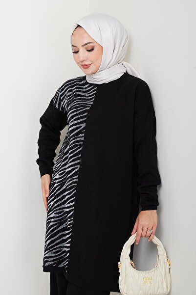 BisuModa Σετ τουνίκ με παντελόνι πλεκτό με ασημί σχέδιο ζέβρας