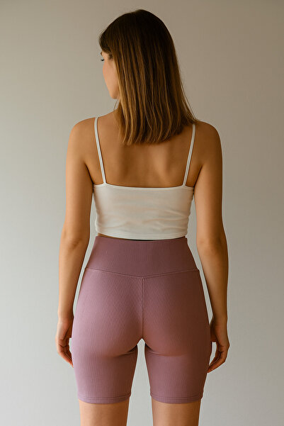 pantofashion Kadın Yüksek Bel Ribana Şort - Lila Spor ve Günlük Kullanım