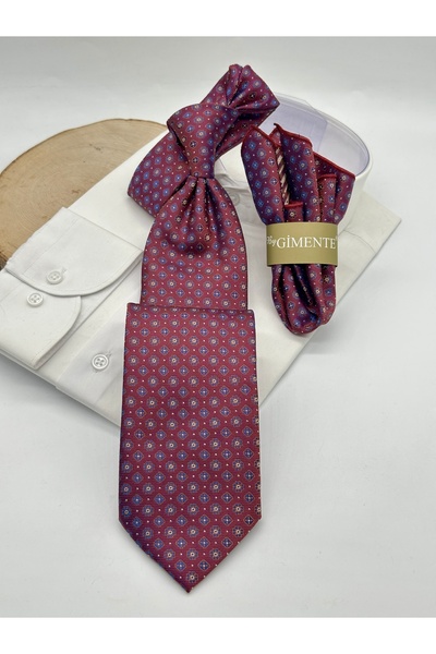 Gutiero Claret Red Patterned Classic Tie with Handkerchief
