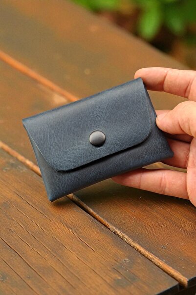 MAT Deri Blue Genuine Leather Card Holder Wallet, Minimal, Handmade, Seamless Design with Snap Closure