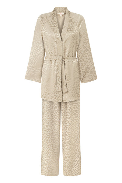 LEO Bej Leopar Desenli İpek Saten Kimono Pantolon Takım