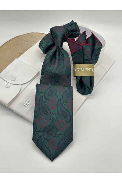 Gutiero Classic Tie with Green Paisley Patterned Handkerchief