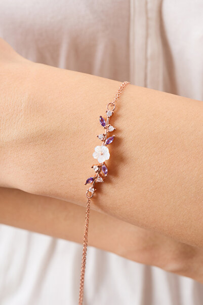 A-STİL TAKI 925 Ayar Gümüş Ametist Taşlı Manolya Çiçeği Bileklik Hediye Kutulu