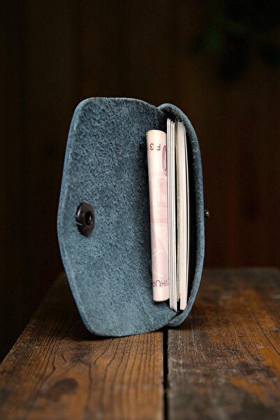 MAT Deri Blue Genuine Leather Card Holder Wallet, Minimal, Handmade, Seamless Design with Snap Closure