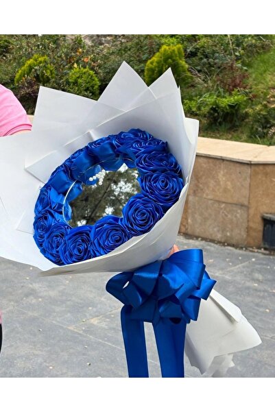 Dizayn Aynalı Buket Preminyum Mavi Saten Gül