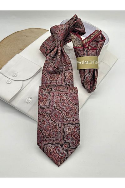 Gutiero Claret Red Patterned Classic Tie with Handkerchief