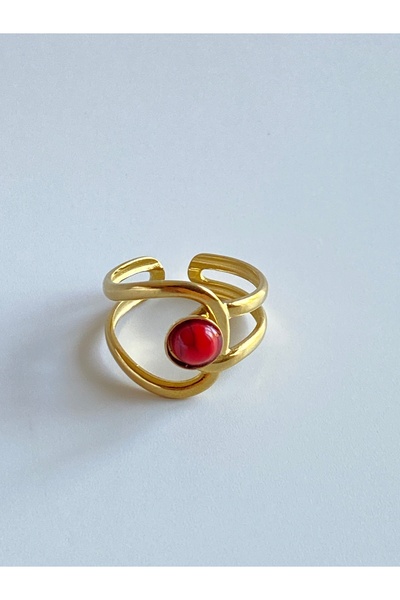 FIERA JEWELRY خاتم نسائي من الفولاذ بتفاصيل حجر أحمر