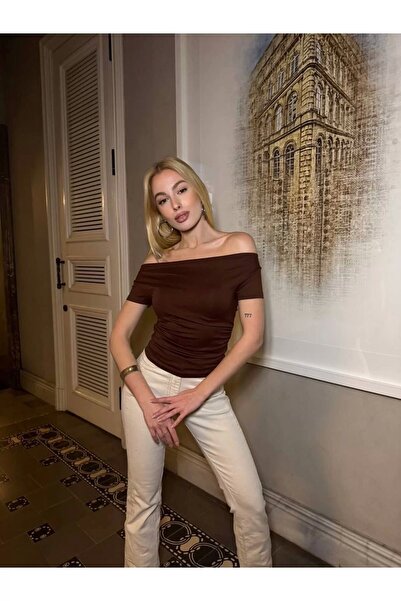 bysoca Kadın Acı Kahve Drapeli Degaje Yaka Kısa Kollu Vücudu Saran Sandy Kuma...