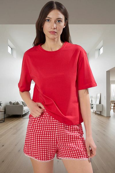 PayBuy Women's Plaid Crew Neck Short Sleeve Viscose Pajamas Set Elegant Design Long Lasting