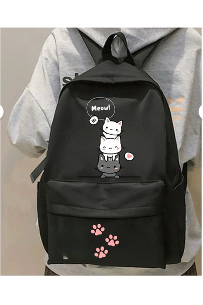 Minga London Rucsac de școală cu imprimeu cu miaună de desene animate negre -Ghostella