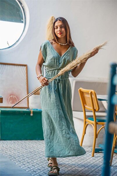 Miss Boheme Yeşil Renk Kleopatra Saç Örgülü Müslin Elbise