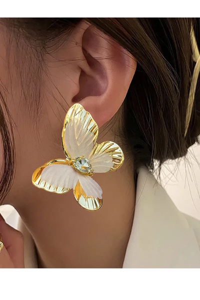 CAŞ DEKORASYON Gold Color Butterfly Figured Stone Earrings (Pair)