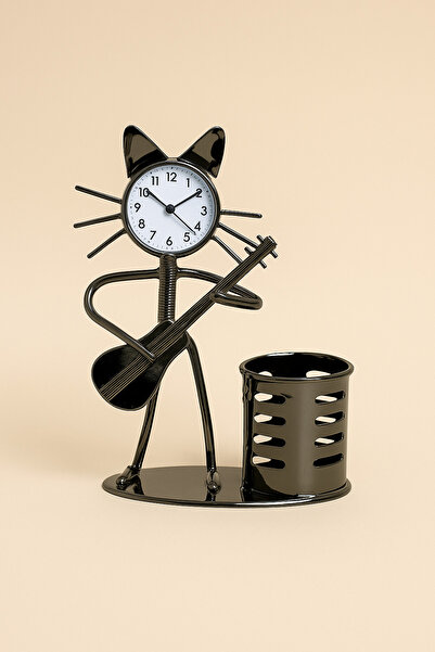 Genel Markalar Metal Gitar Çalan Kedi Tasarımlı Saatli Kalemlik – 17x12 cm De...