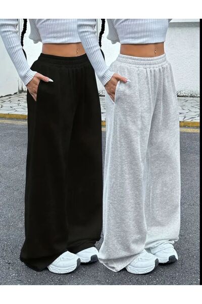 Le Vion 2 Adet Siyah-Gri Bol Paça Kadın Eşofman Altı