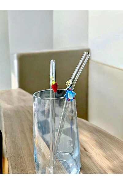 Arsglass Cam 2li Penguen Çilek Figürlü Pipet Seti