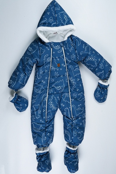 PODİUM GİYİM Trend Special Series Cute Dinosaur Pattern Winter Removable Foot/Gloves Hooded Cosmonaut Jumpsuit