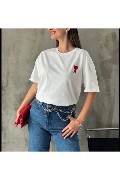 MODA Unisex Bisiklet Yaka Baskılı Oversize T-Shirt - Beyaz