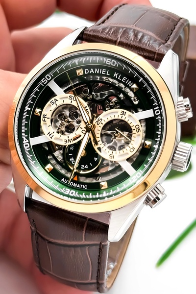 Daniel Klein Automatic Mechanism Leather Cord Steel Case Men Wrist Watch Coffee-Green Zmdk1195